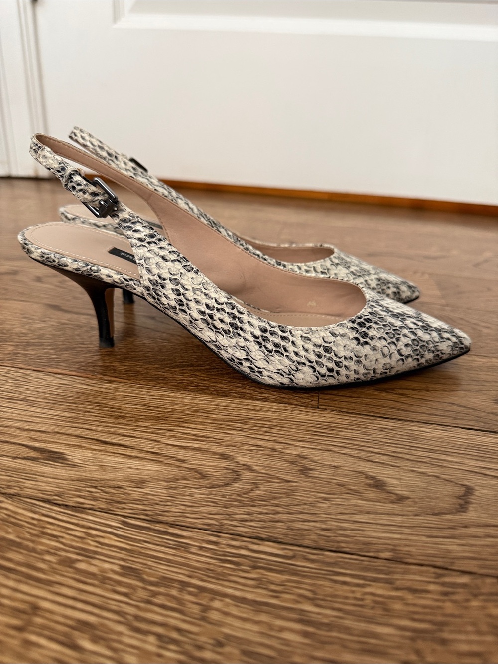 French Connection Cream and Black Snake-Print Pointed Toe Slingback Heels